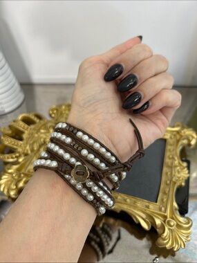 Chan Luu Brown Leather Wrap Bracelet with Genuine White Pearls